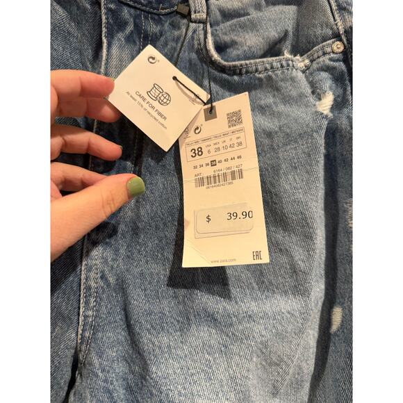 ZARA Denim Collection High Rise Distressed Mom Jeans - Picture 2 of 6